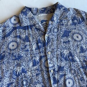 Tommy Bahama Linen Hawaiian Floral Blue White Short Sleeve Button Shirt Men’s XL